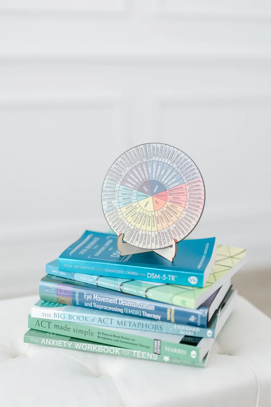A thoughtful selection of therapy books in Anne-Hampton's office